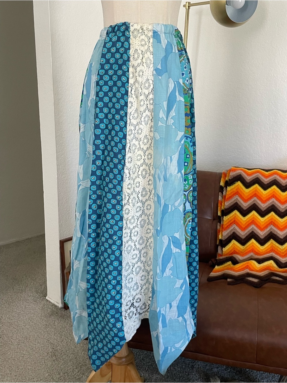 Vintage 1970s Handmade Boho Cottagecore Floral Paisley Striped Lace Maxi Skirt